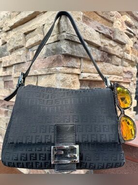 Fendi Zucca Baguette Black Canvas Shoulder Bag *Authentic Italy